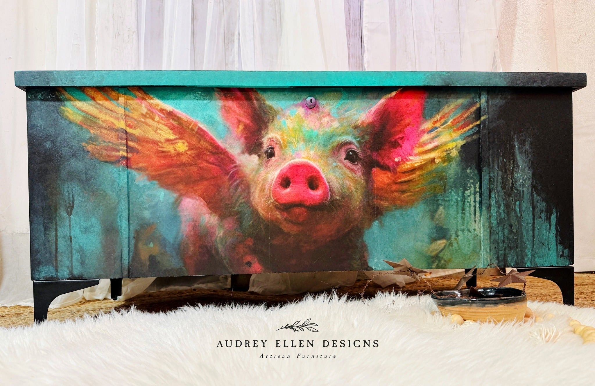 When Pigs Fly Decoupage Paper Design applied on a trunk