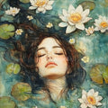 Young woman floating face-up in teal water with closed eyes, dark hair fanned among lily pads and white water lilies