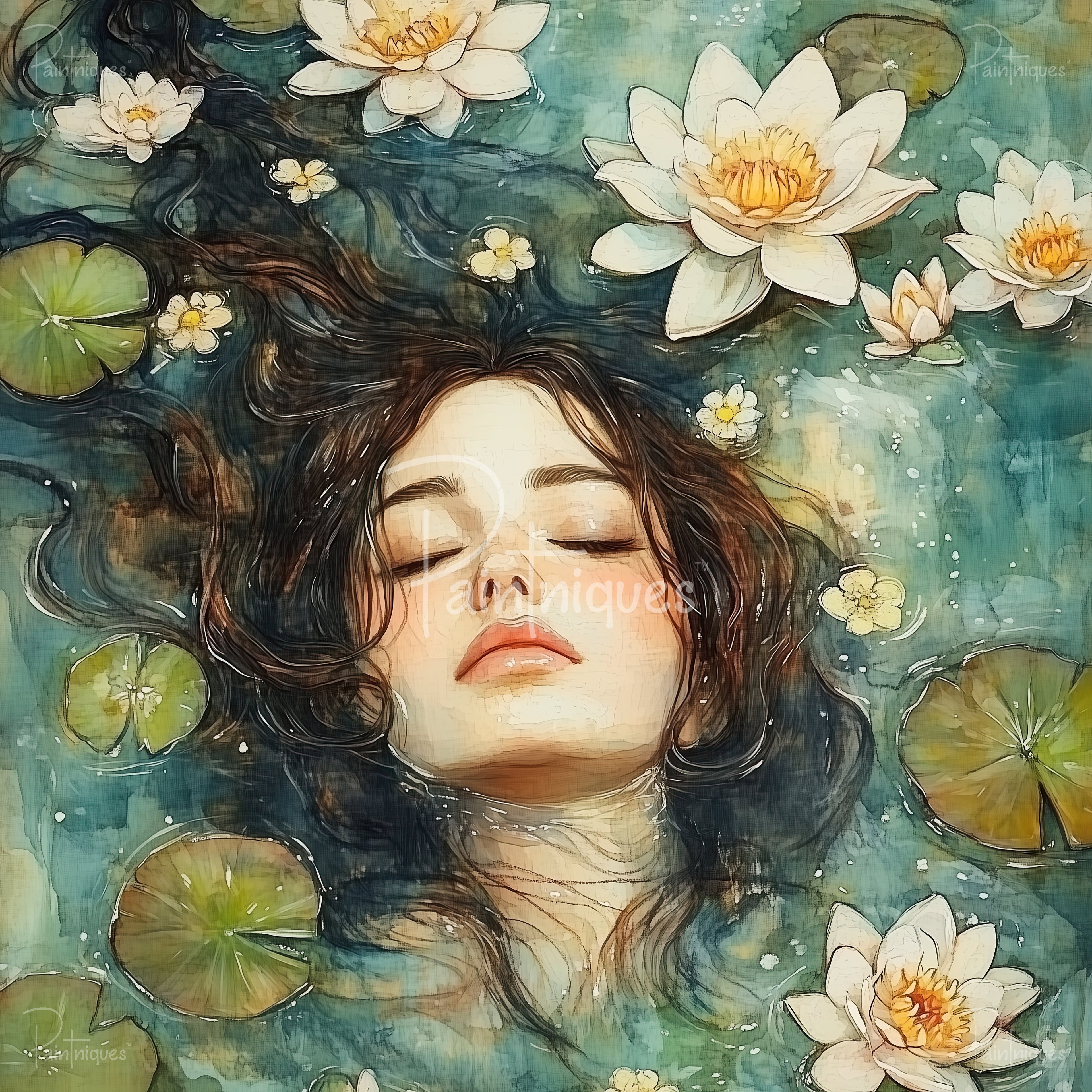 Young woman floating face-up in teal water with closed eyes, dark hair fanned among lily pads and white water lilies