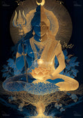 Symmetrical figure split blue and gold seated cross-legged, holding a trident and glowing lotus, halo and floral patterns
