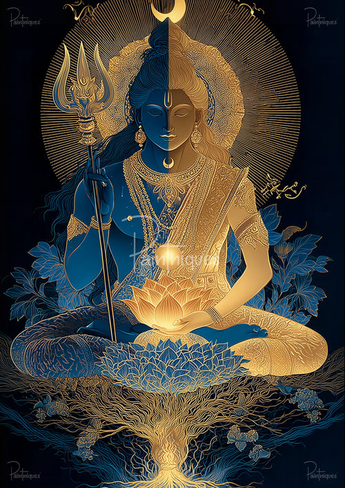 Symmetrical figure split blue and gold seated cross-legged, holding a trident and glowing lotus, halo and floral patterns