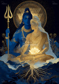 Blue male figure holding a trident behind a golden female holding a glowing lotus, ornate gold halo and flowing roots.