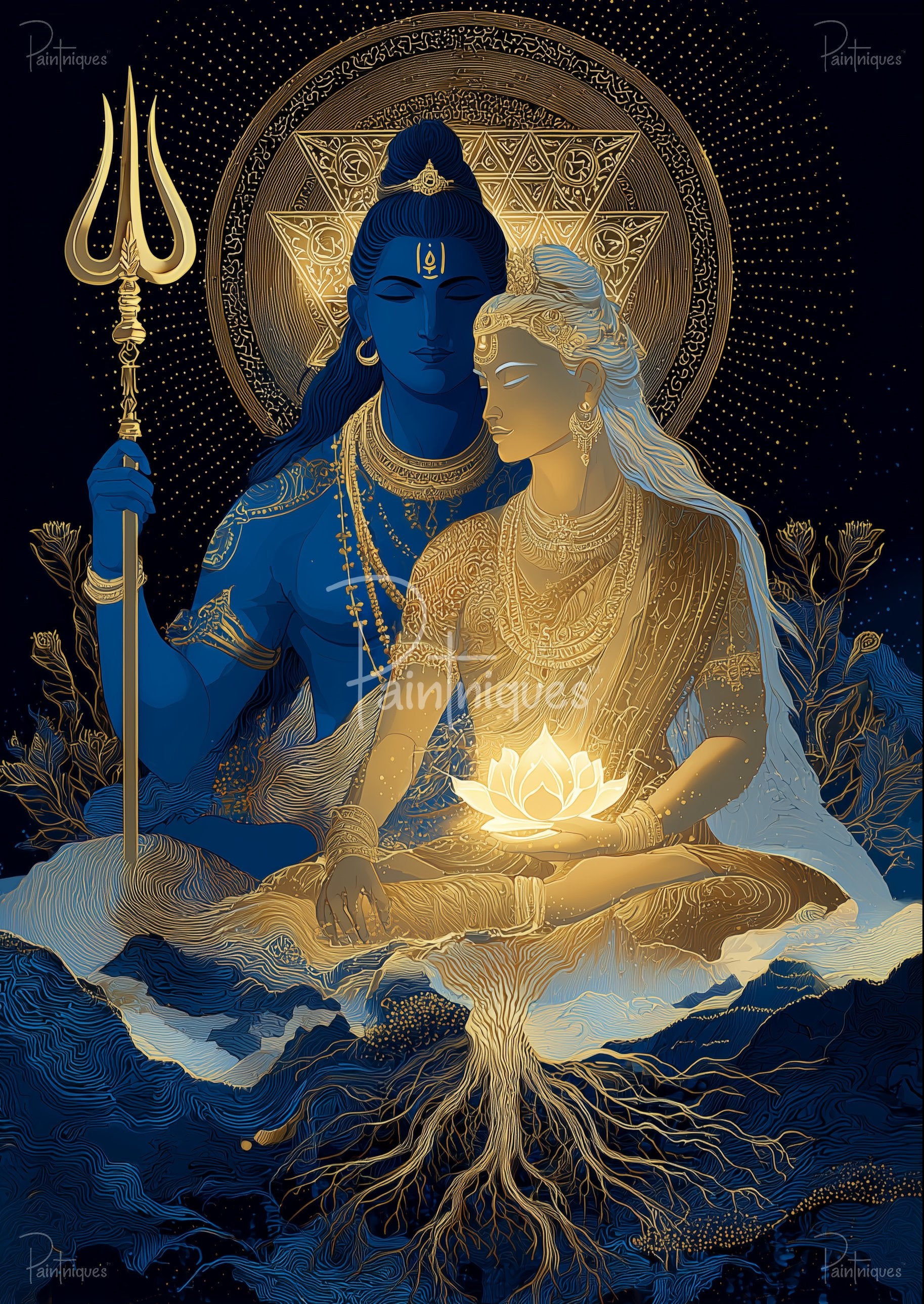 Blue male figure holding a trident behind a golden female holding a glowing lotus, ornate gold halo and flowing roots.