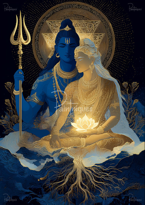 Blue male figure holding a trident behind a golden female holding a glowing lotus, ornate gold halo and flowing roots.