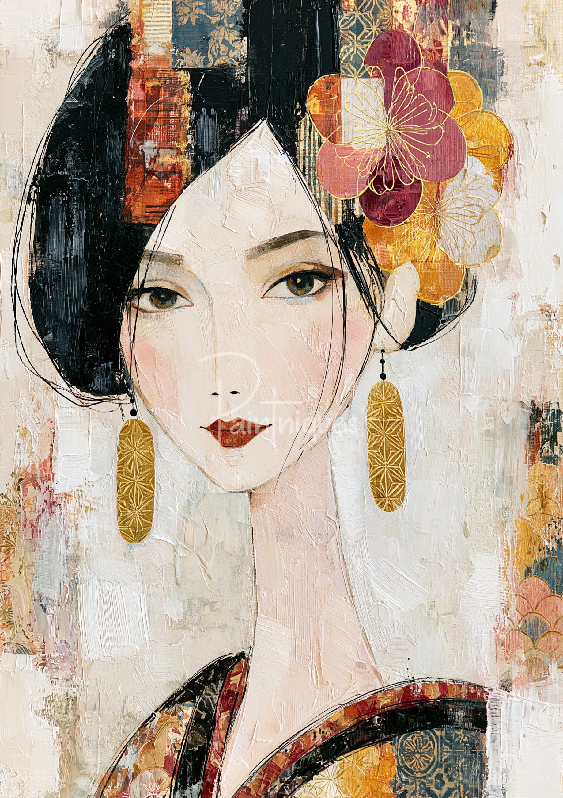 Stylized painted portrait of a woman with black hair, pale face, red lips, floral hairpiece and long gold oval earrings