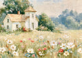 Impressionistic white cottage with a tower and orange roof by trees, foreground wildflower meadow, visible canvas texture.