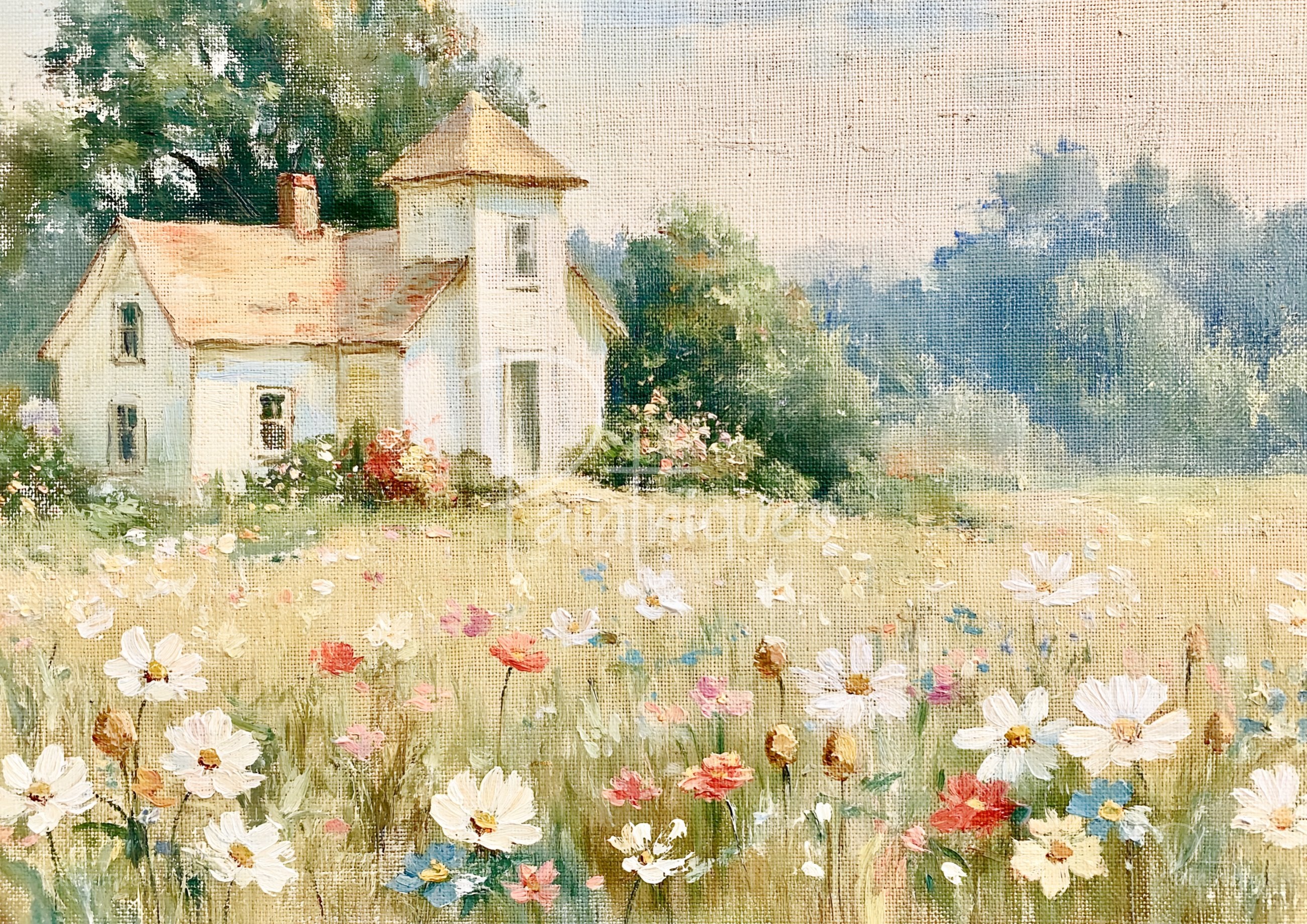 Impressionistic white cottage with a tower and orange roof by trees, foreground wildflower meadow, visible canvas texture.