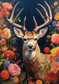 Deer head with tall antlers centered on deep blue background, surrounded by vivid pink, orange and yellow flowers.