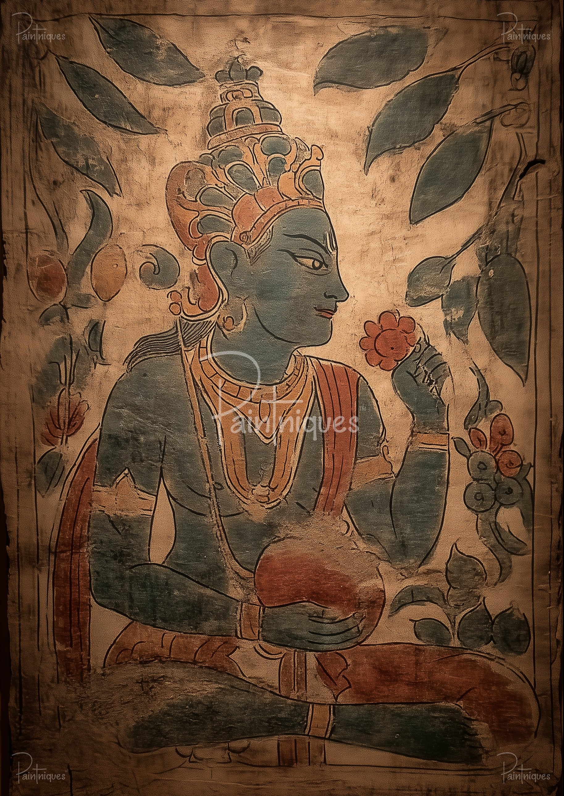 Stylized blue figure wearing ornate crown holds a flower and round fruit, surrounded by leaves.