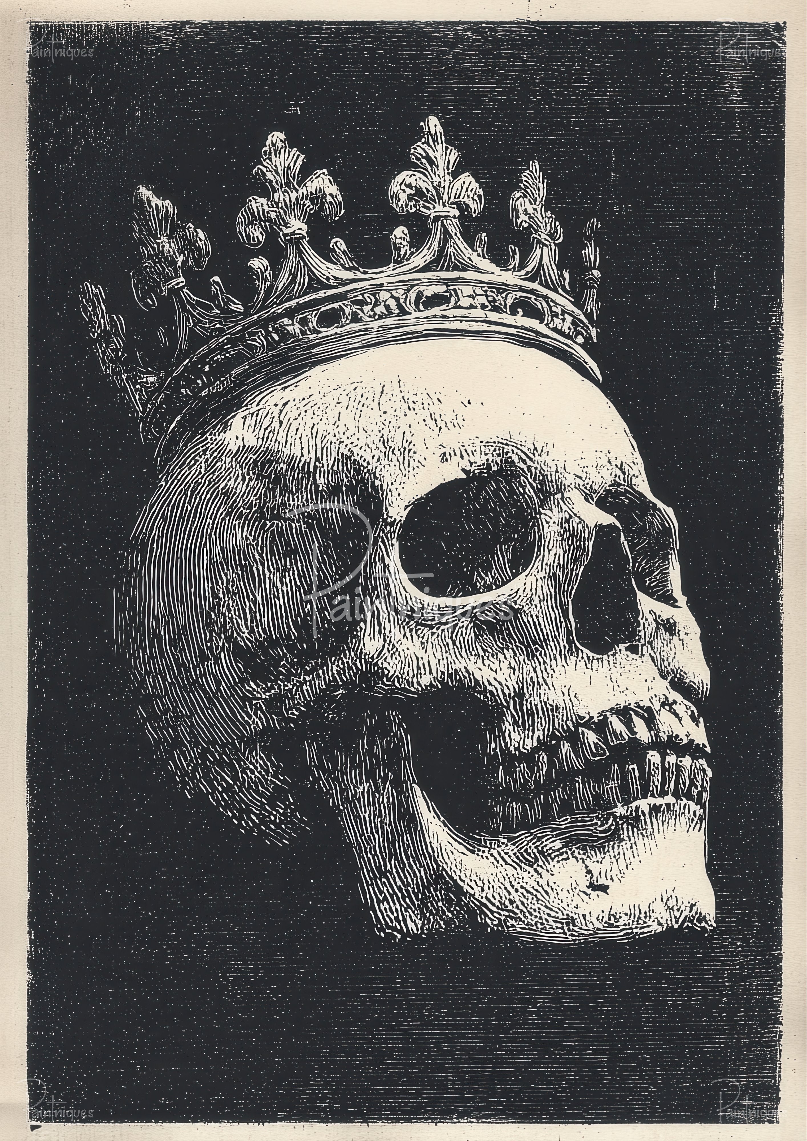Woodcut-style human skull in profile wearing an ornate fleur-de-lis crown on a textured black background