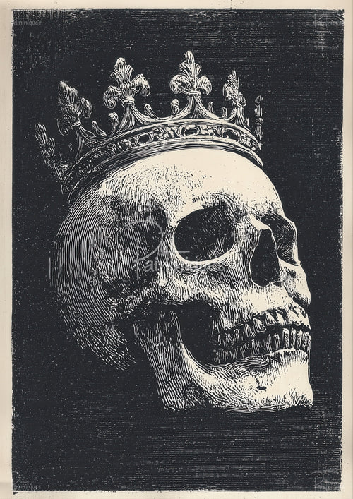 Woodcut-style human skull in profile wearing an ornate fleur-de-lis crown on a textured black background