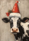 Close-up painting of a black-and-white cow wearing a red Santa hat with greenery on a textured gray background