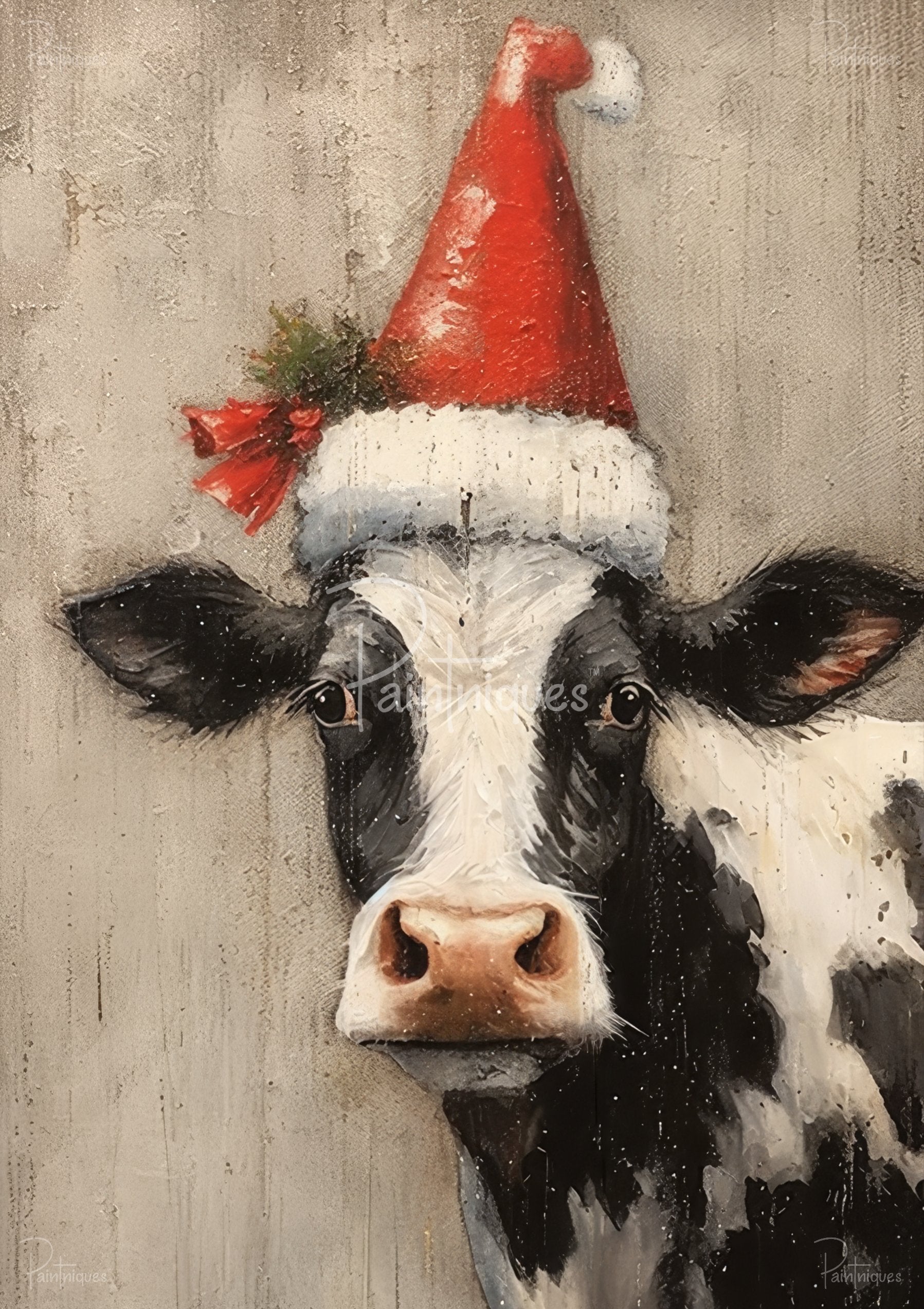 Close-up painting of a black-and-white cow wearing a red Santa hat with greenery on a textured gray background