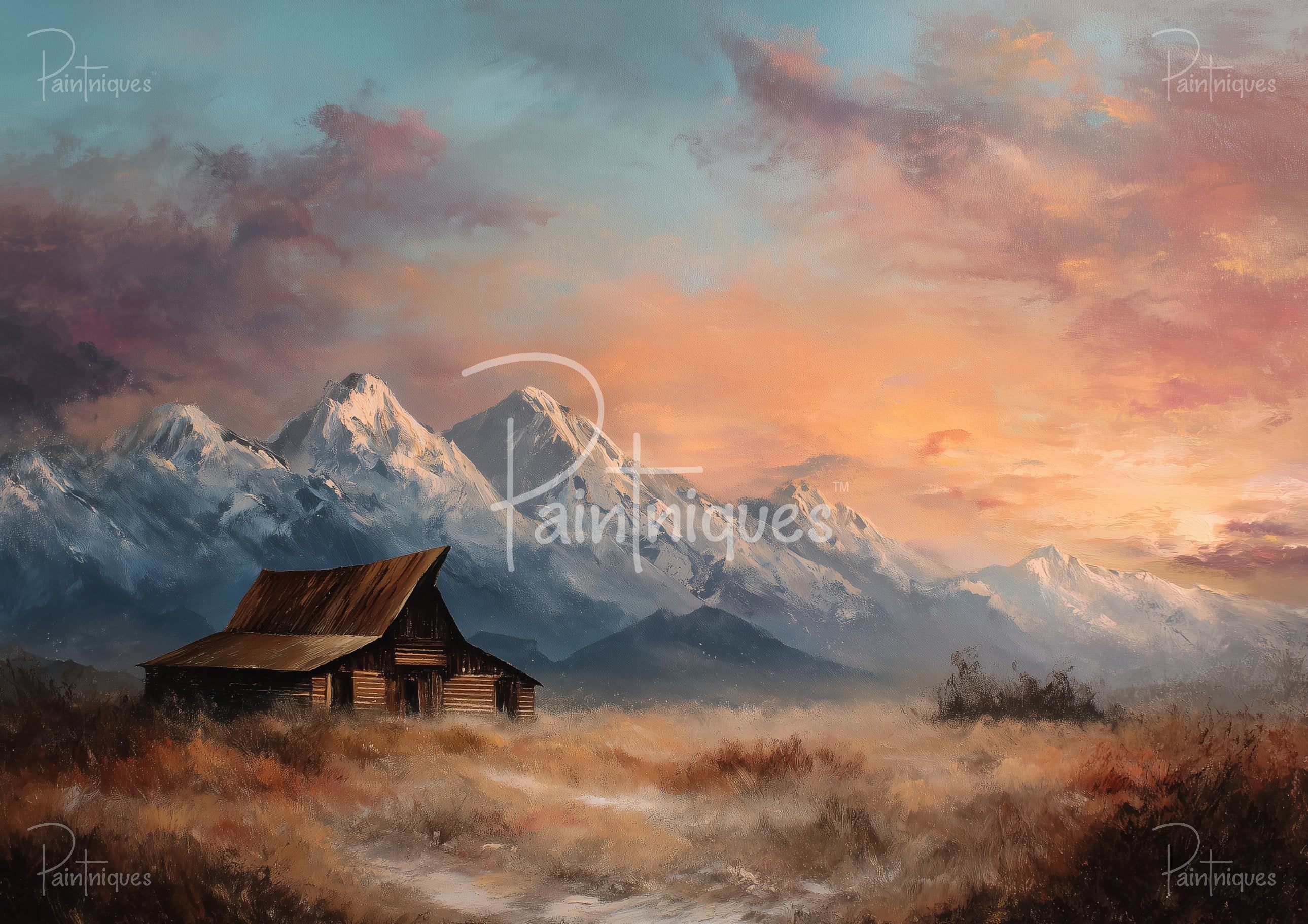 Weathered wooden barn before snow-capped mountains under a pastel orange-pink glowing sky with misty grassland.