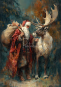 Painterly Santa in red cloak carrying a sack beside a large-antlered reindeer on a textured teal-brown background