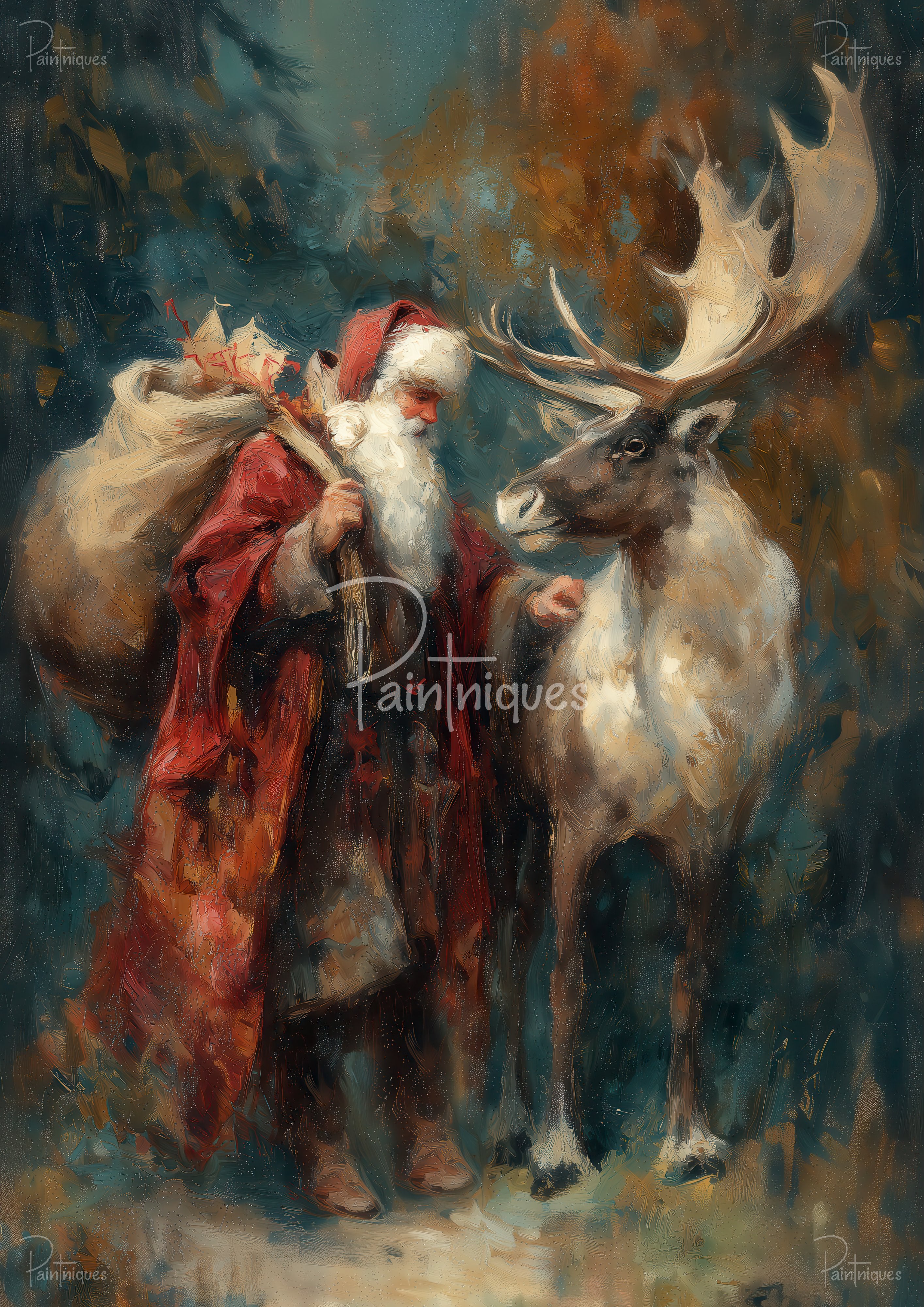 Painterly Santa in red cloak carrying a sack beside a large-antlered reindeer on a textured teal-brown background