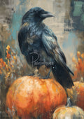 Painterly illustration of a black crow perched on a large orange pumpkin with abstract teal and gold background