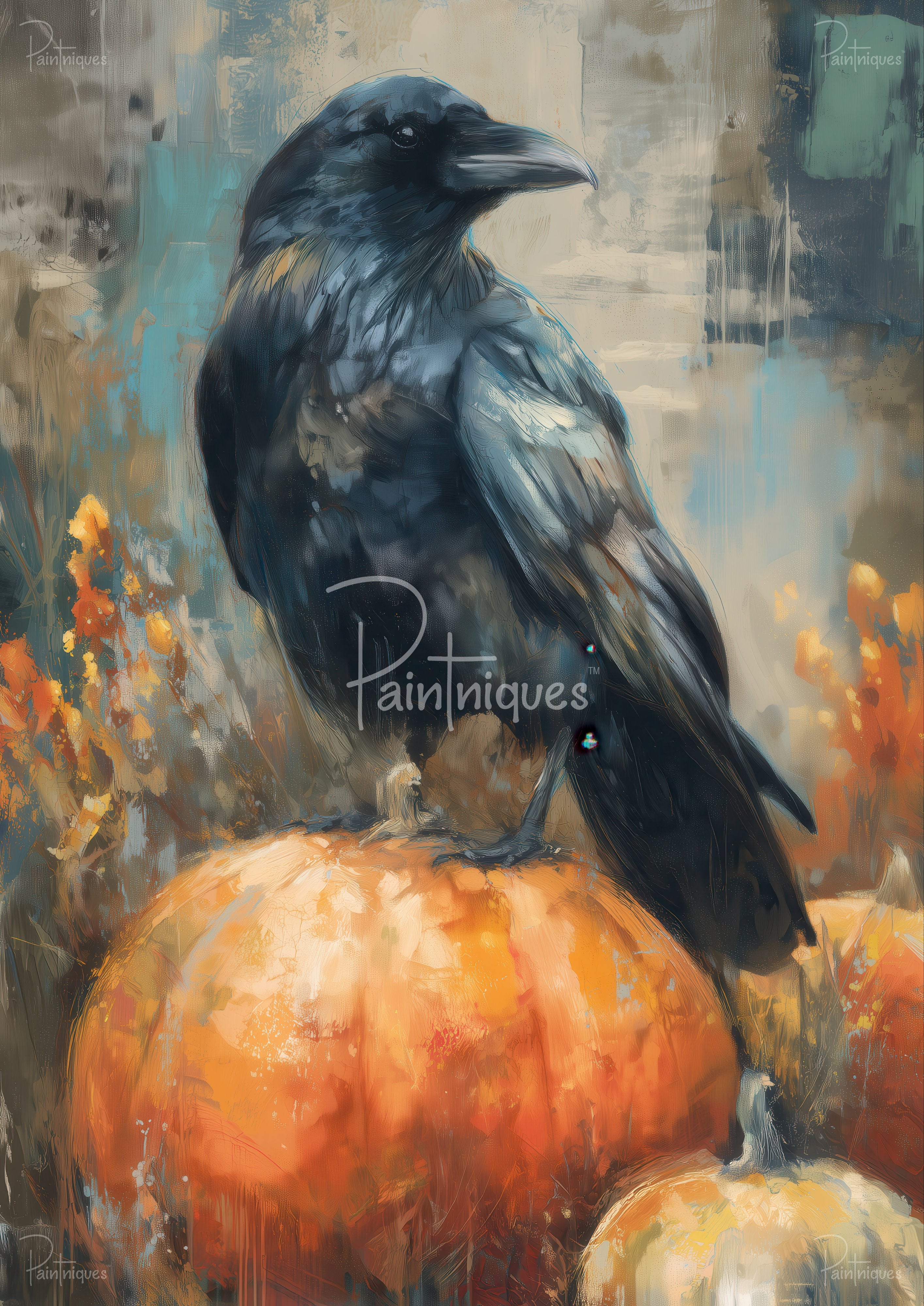 Painterly illustration of a black crow perched on a large orange pumpkin with abstract teal and gold background