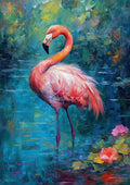 Pink flamingo standing in turquoise water, painterly green foliage background and coral flowers at lower right.