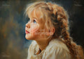 Painting of a blonde child in braids looking upward, visible brushstrokes and a dark textured background