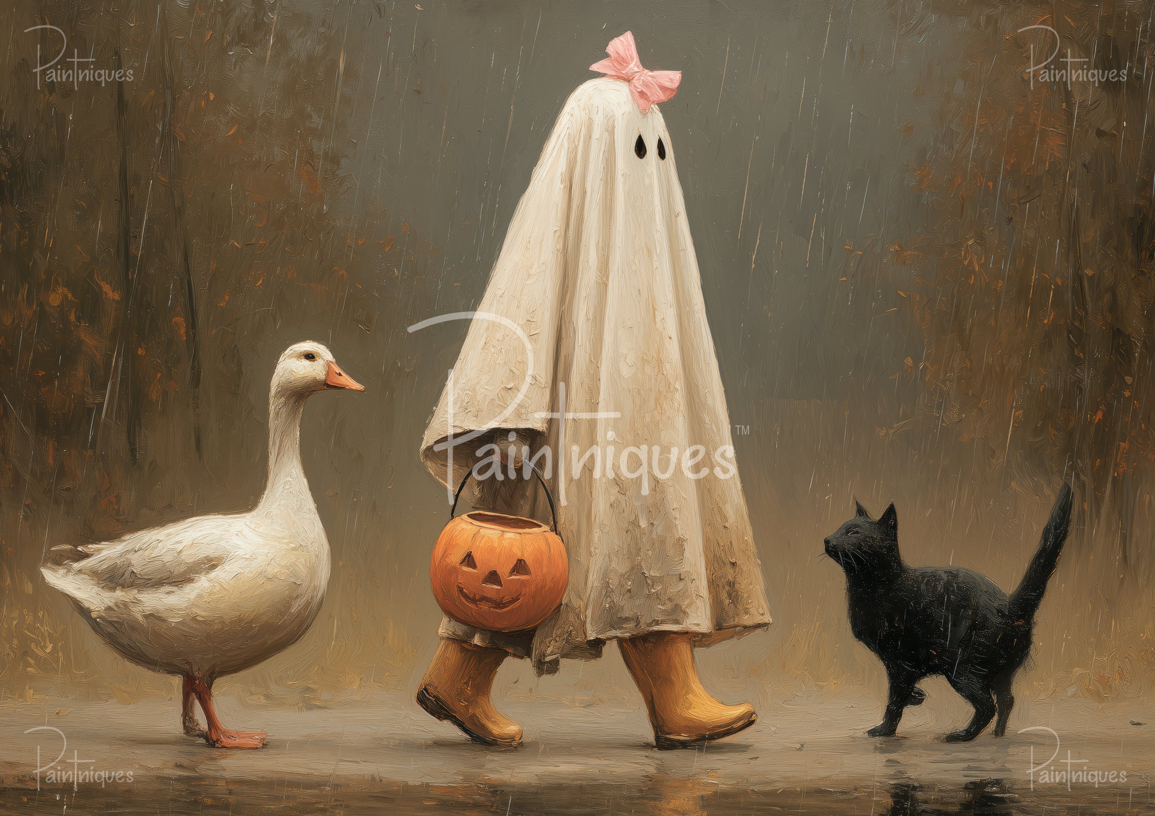 Figure in a ghost sheet with pink bow holding a jack-o'-lantern pail, walking between a white goose and a black cat