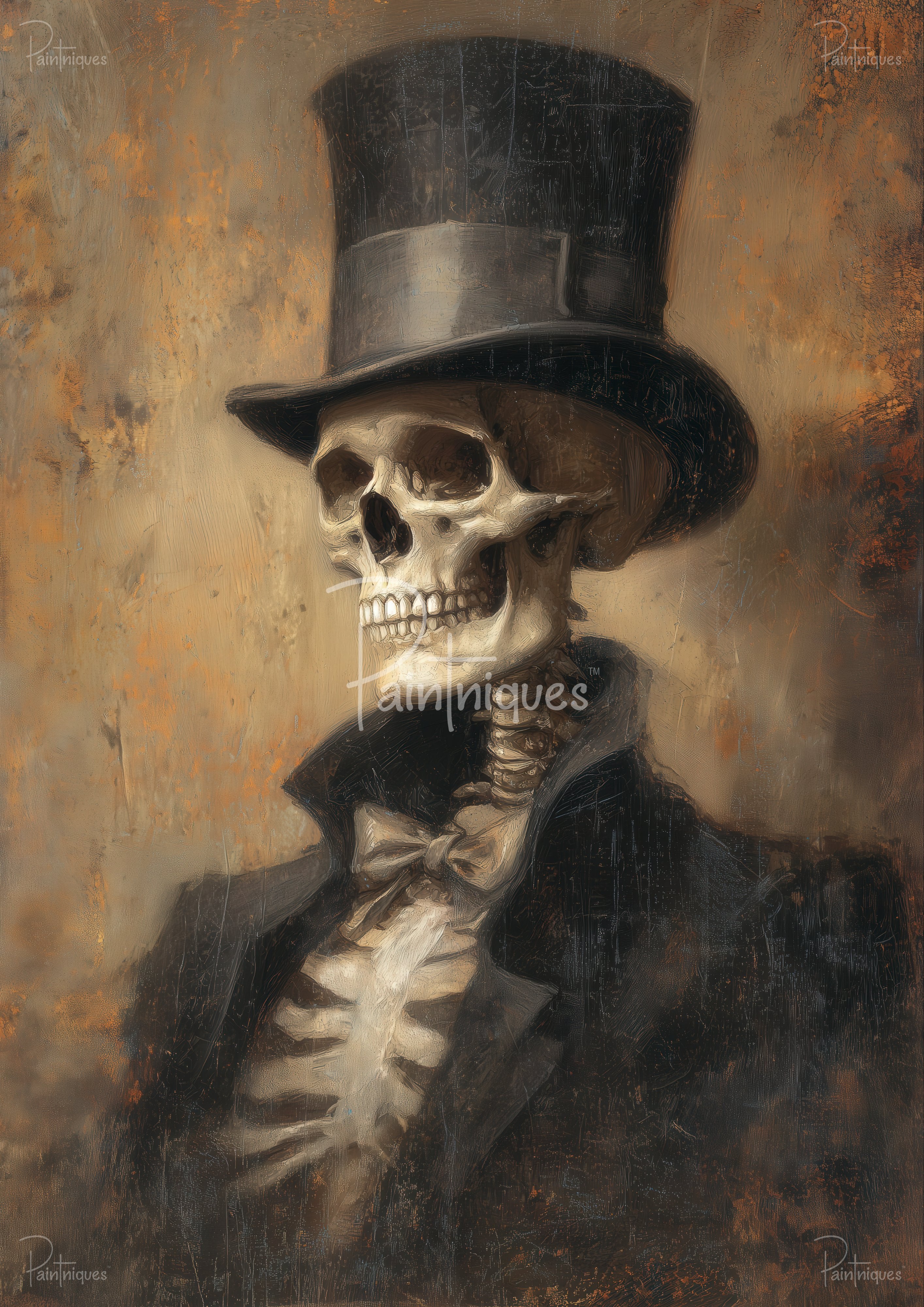 Painted skeleton in tall black top hat, bow tie and dark coat on a distressed brown background