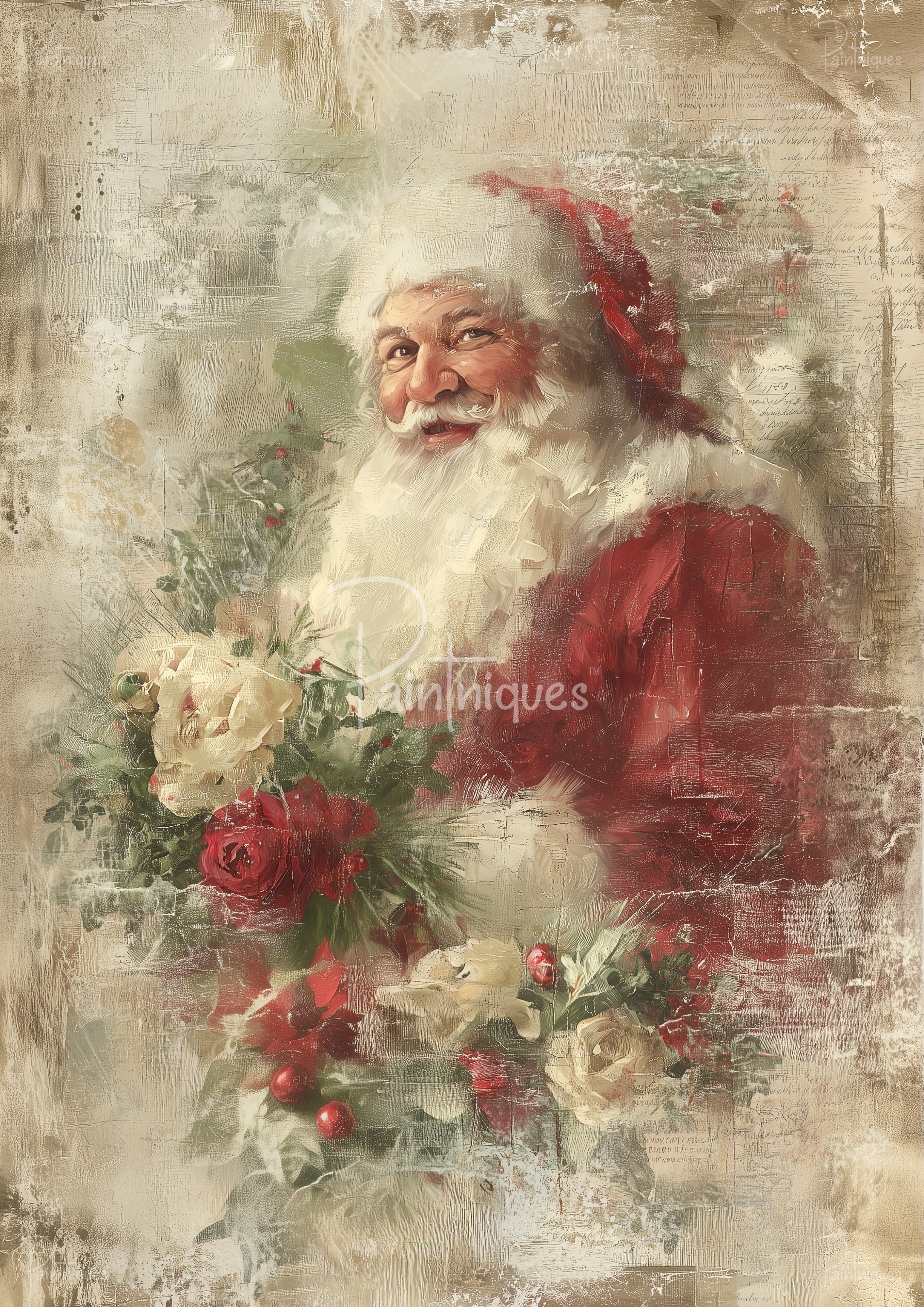 Painterly portrait of a cheerful Santa in red coat and hat holding a bouquet of red and white roses with holly.