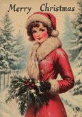 Vintage illustration of a rosy girl in red Santa hat and fur coat holding pine sprigs with red berries amid snowy firs.