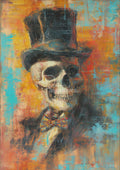 Painted skull wearing a tall black top hat and colorful bow tie against textured turquoise, orange and yellow abstract background