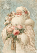 Santa figure with white beard in fur-trimmed coat holding pink roses and a teddy on a pale blue floral background