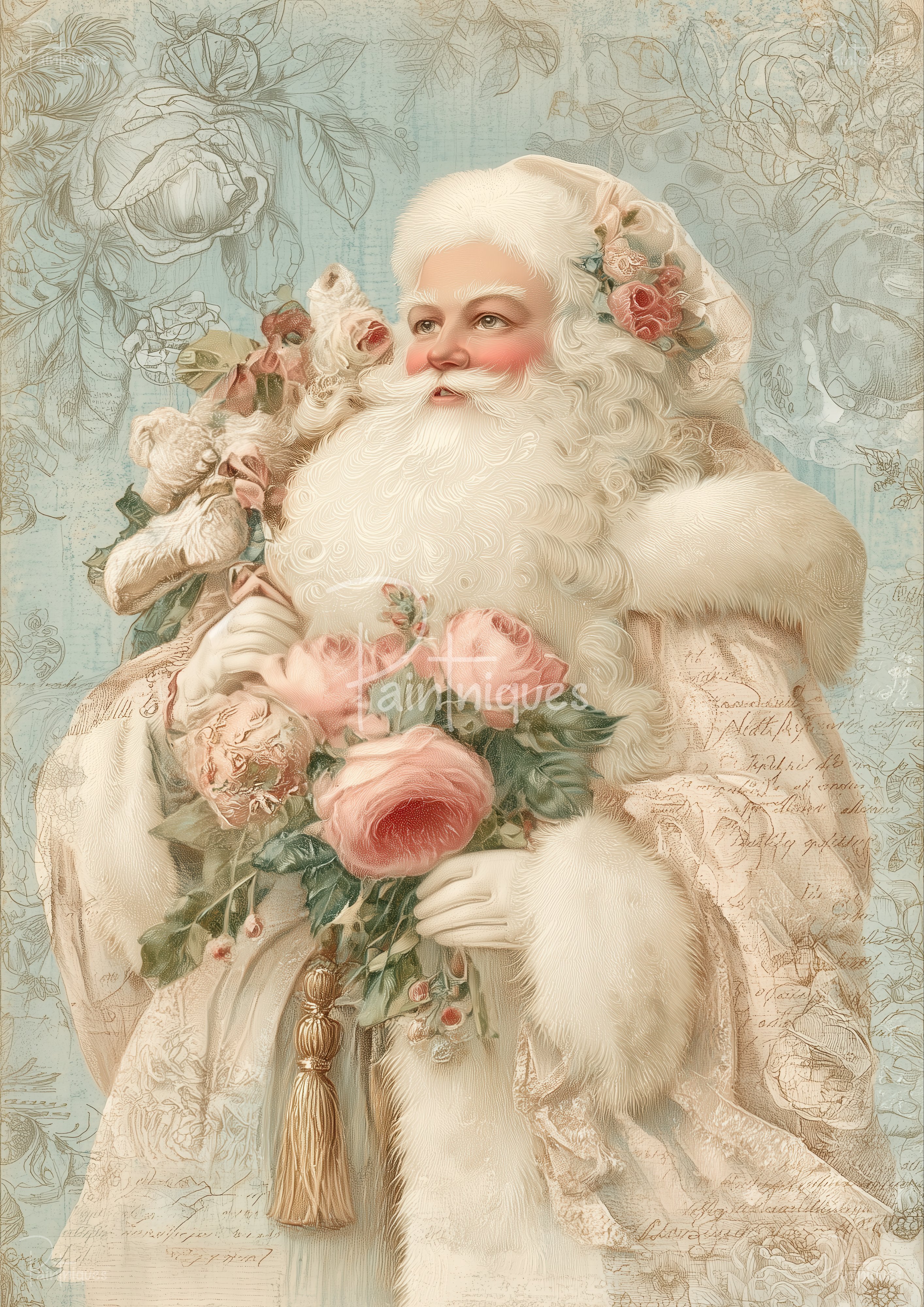 Santa figure with white beard in fur-trimmed coat holding pink roses and a teddy on a pale blue floral background