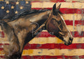Brown painted horse head and neck over a distressed American flag background with stars and red and beige stripes