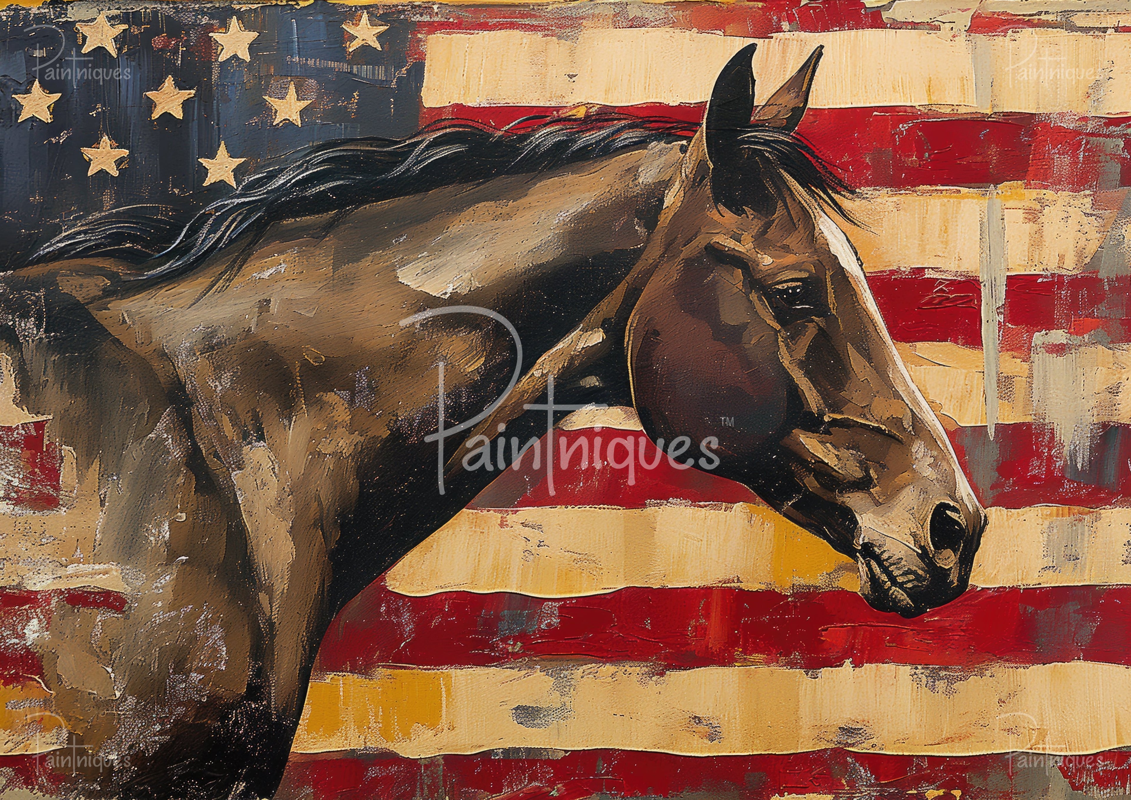 Brown painted horse head and neck over a distressed American flag background with stars and red and beige stripes