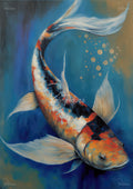 Painted koi fish with orange, black and blue scales, flowing white fins against deep blue background with gold bubbles.