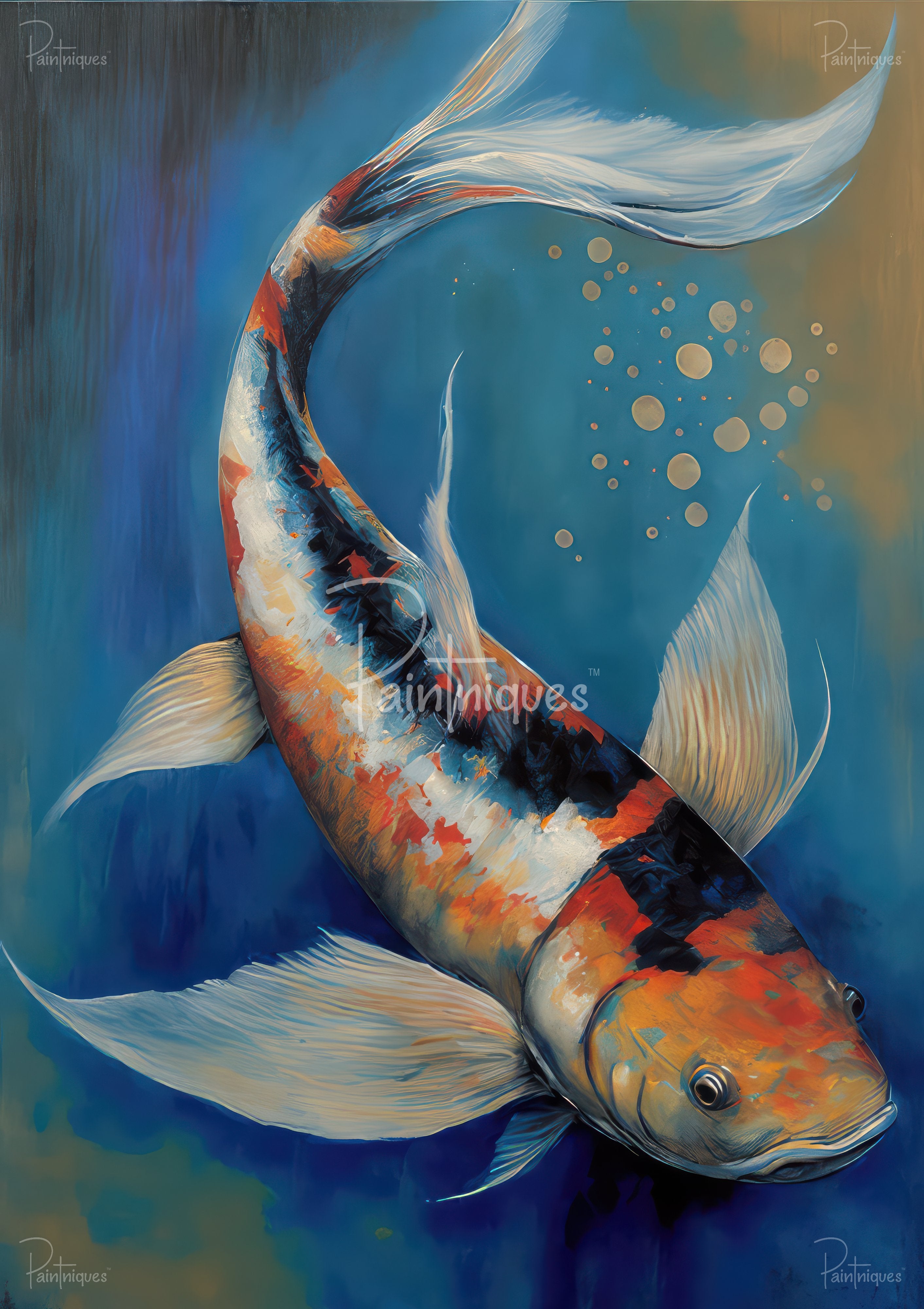 Painted koi fish with orange, black and blue scales, flowing white fins against deep blue background with gold bubbles.
