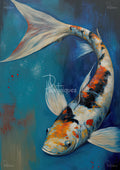 Close-up koi with white, orange and black markings, long flowing fins and tail against textured deep-blue water