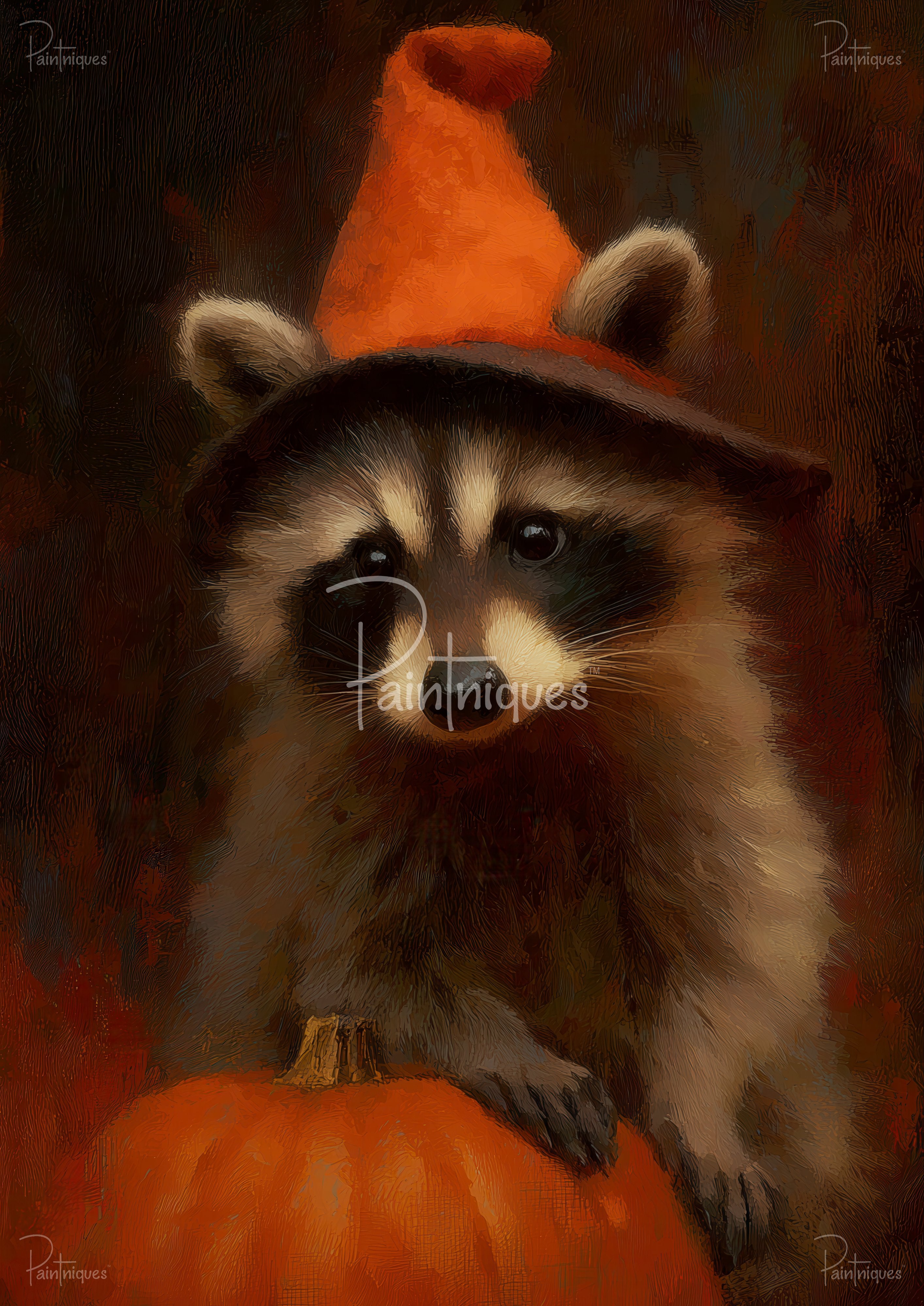 Painterly raccoon in an orange pointed hat resting a paw on a pumpkin.