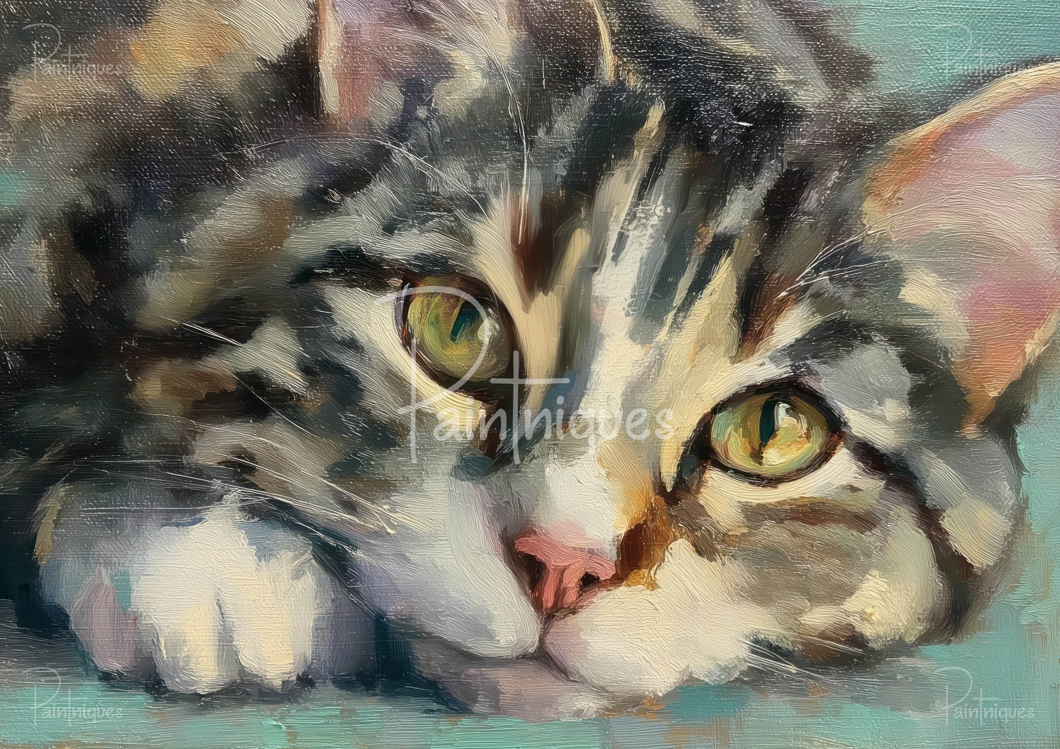 Painted close-up of a tabby cat's face and paw with yellow-green eyes, heavy brushstroke texture on a turquoise background