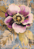 Close-up painted pink and purple flower with gold leaf accents and black-yellow center on a textured blue-gray background