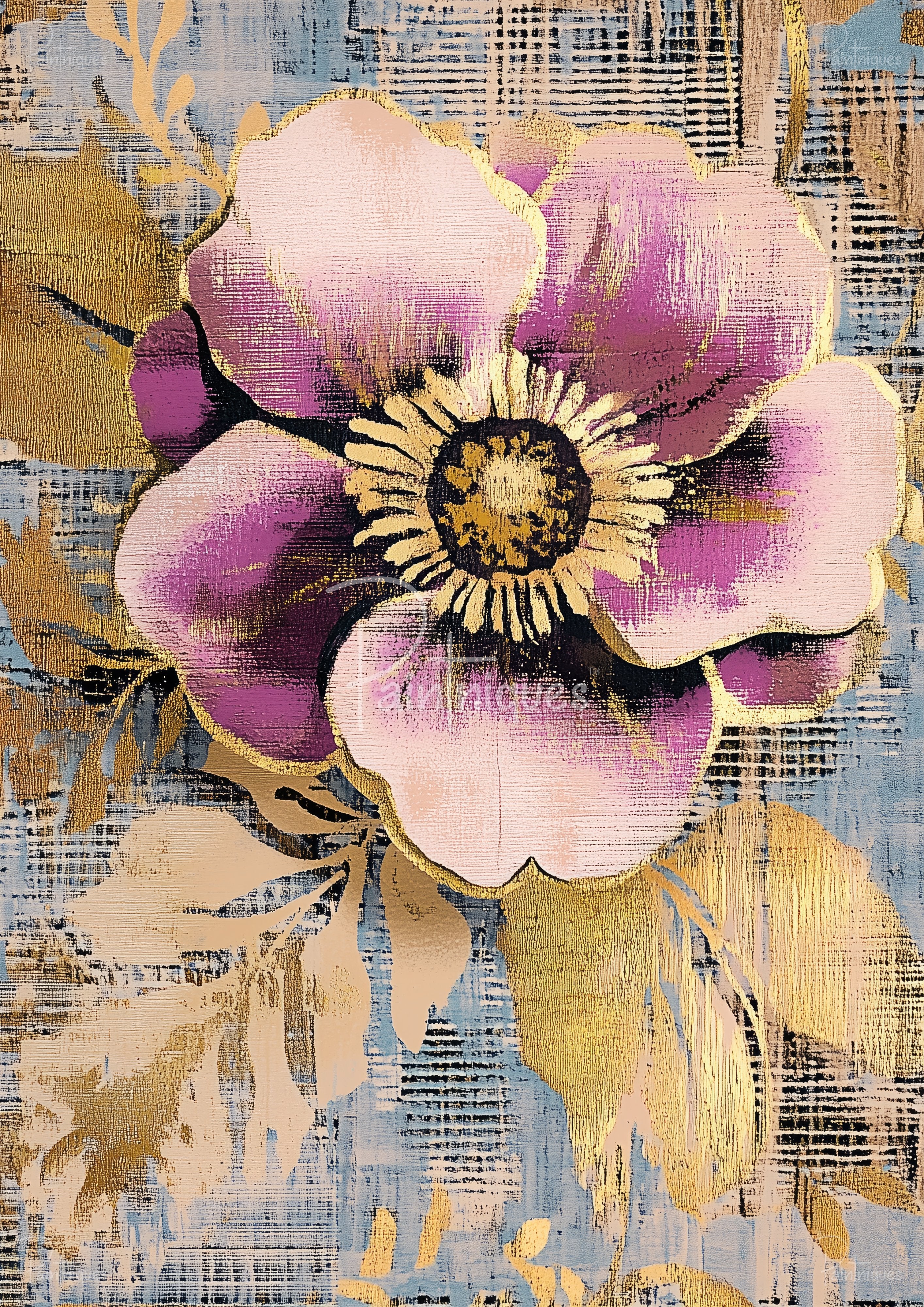 Close-up painted pink and purple flower with gold leaf accents and black-yellow center on a textured blue-gray background