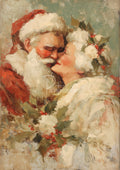 Painted close-up of Santa-like man in red hat and white beard kissing a woman with white hair and holly sprigs.