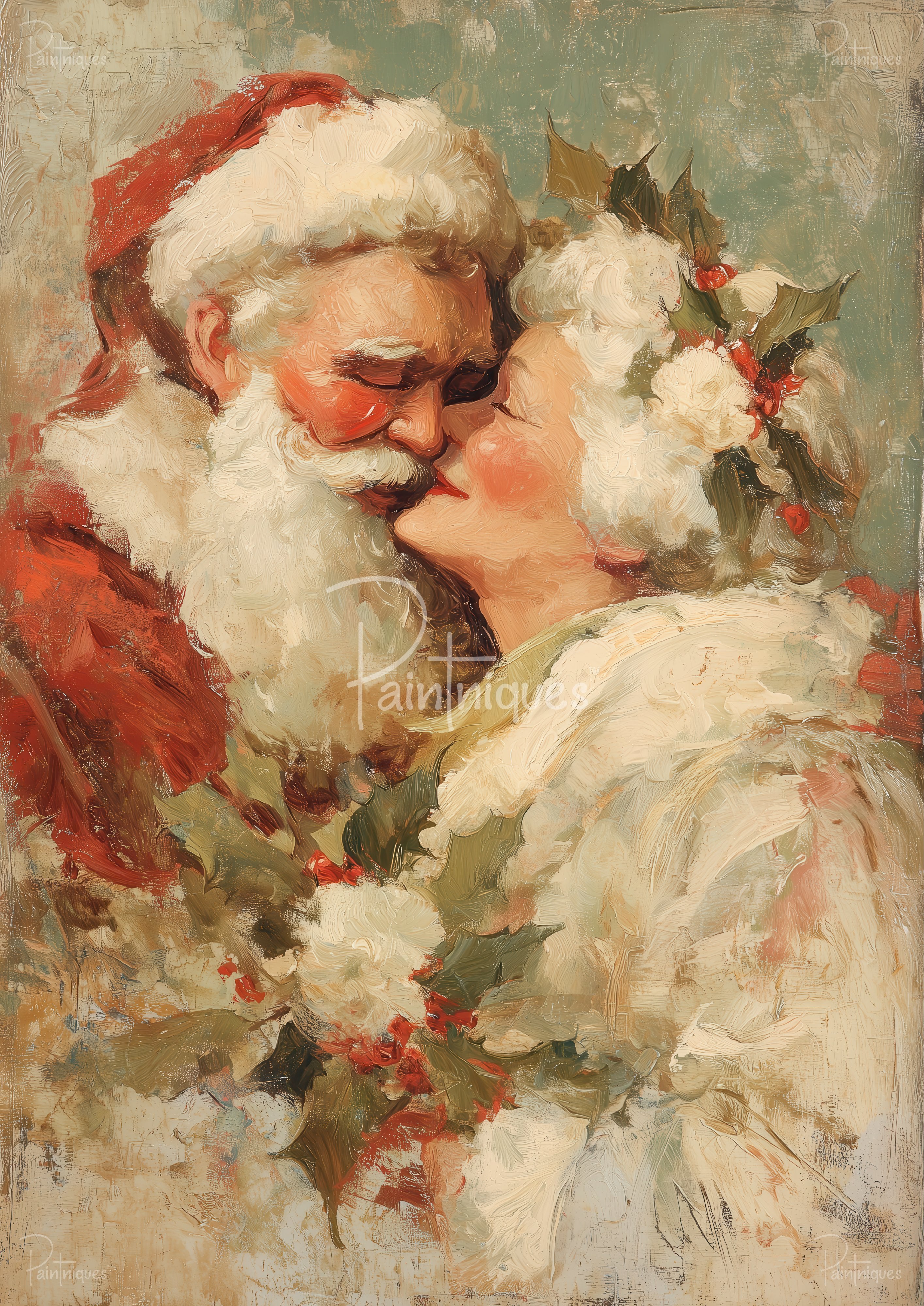 Painted close-up of Santa-like man in red hat and white beard kissing a woman with white hair and holly sprigs.