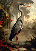 Tall heron standing at a misty swamp edge with long neck and detailed feathers, red plants, mossy tree and distant sailboats.