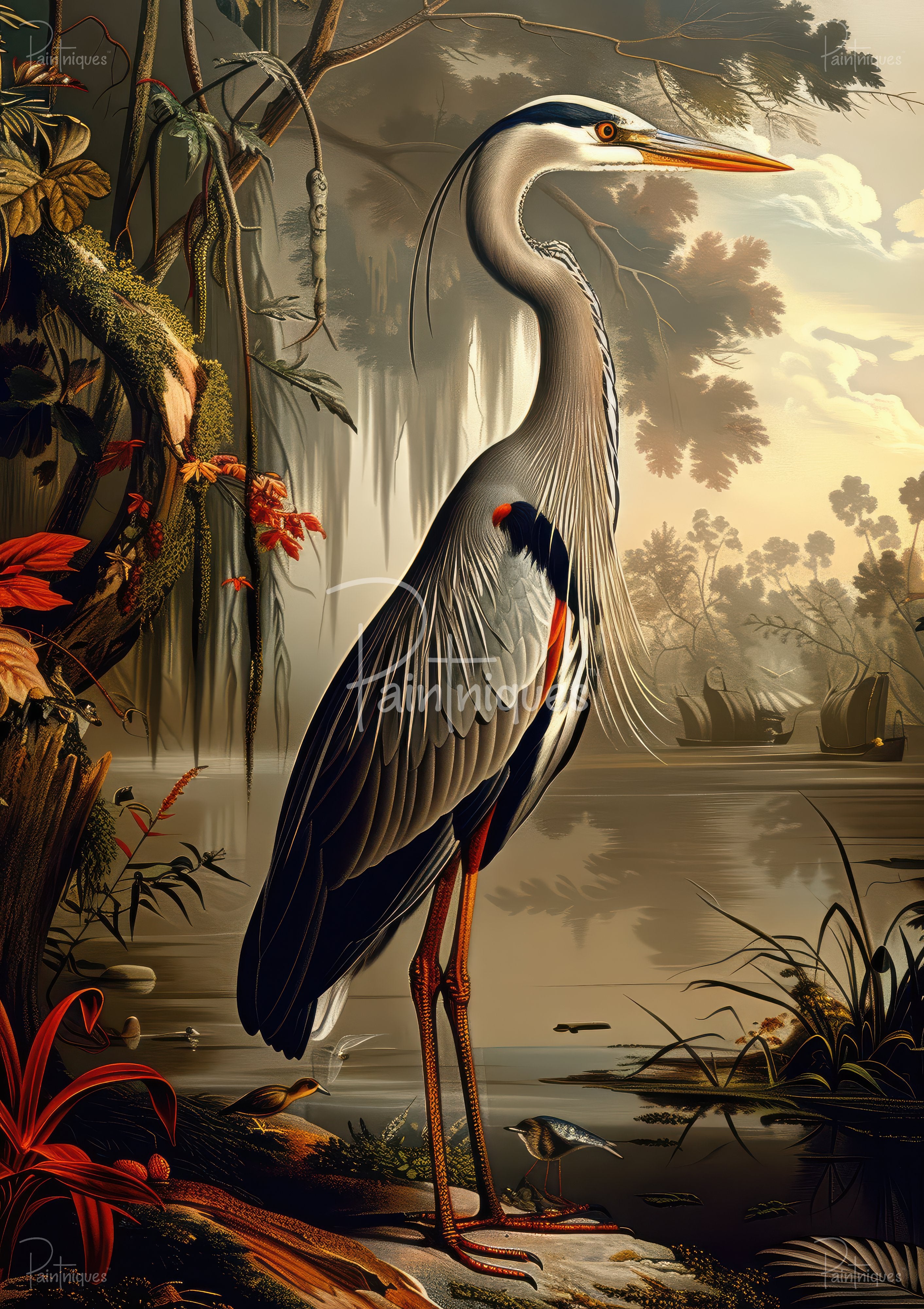 Tall heron standing at a misty swamp edge with long neck and detailed feathers, red plants, mossy tree and distant sailboats.