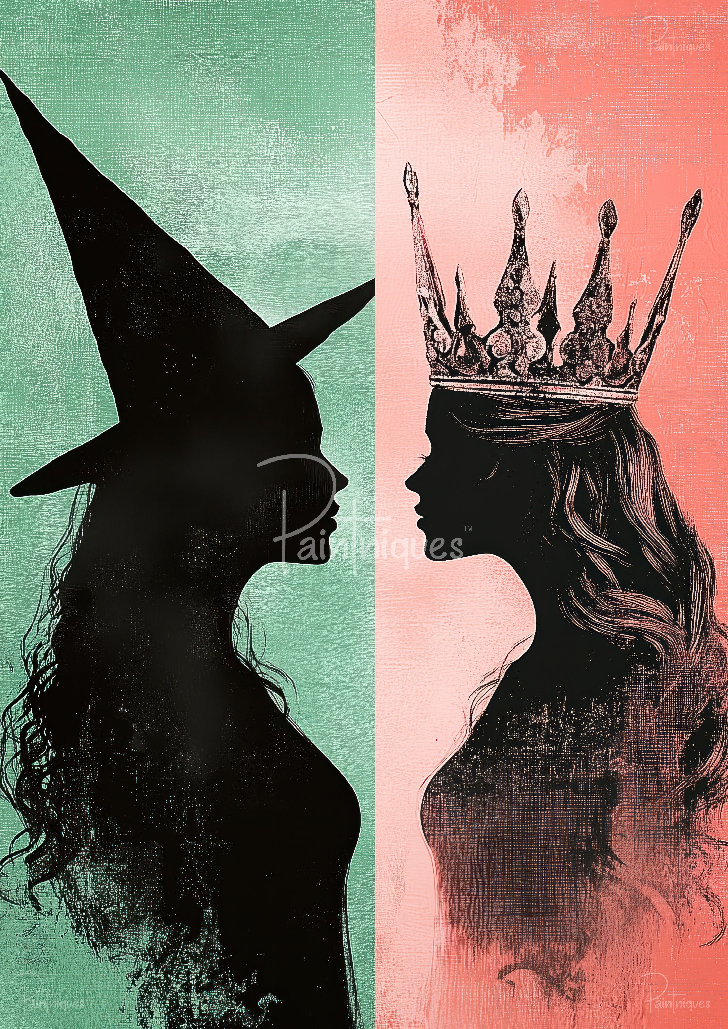 Two black silhouettes facing each other; left a witch with pointed hat on mint green, right a crowned woman on coral pink.