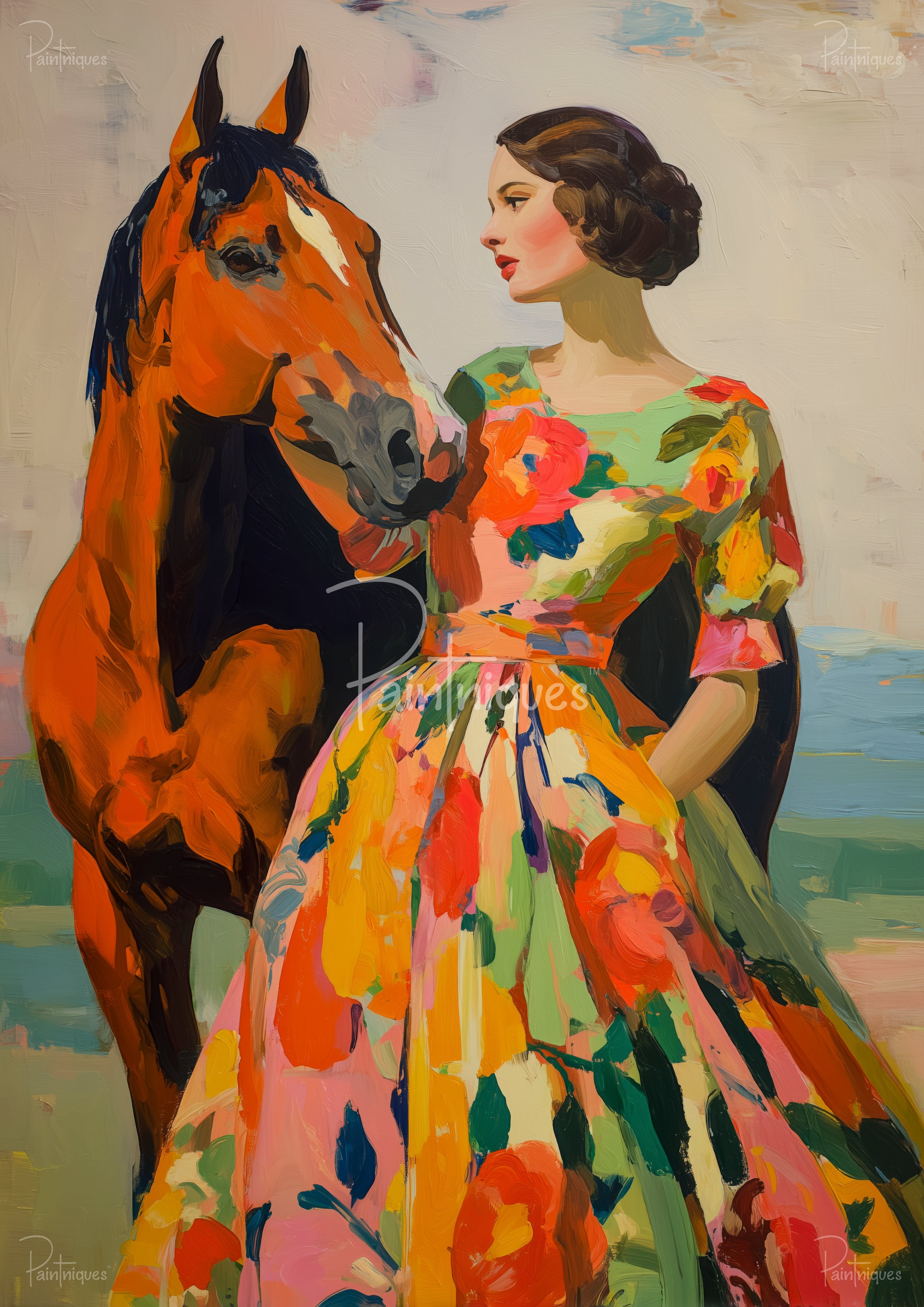 Woman in a vibrant floral dress beside a chestnut horse, rendered in bold painterly brushstrokes
