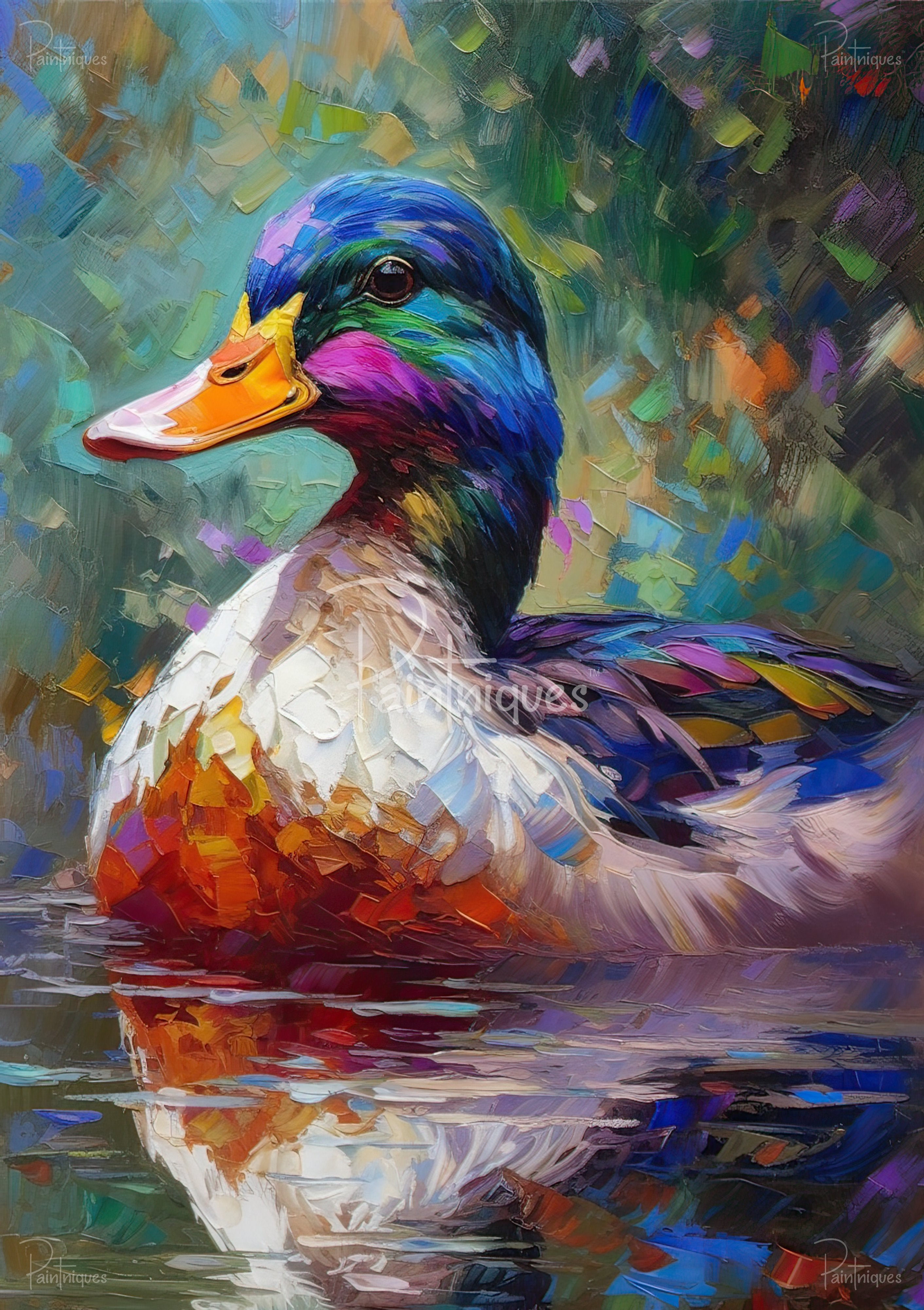 Close-up painterly duck with iridescent blue, purple and orange plumage and an orange bill reflected in water