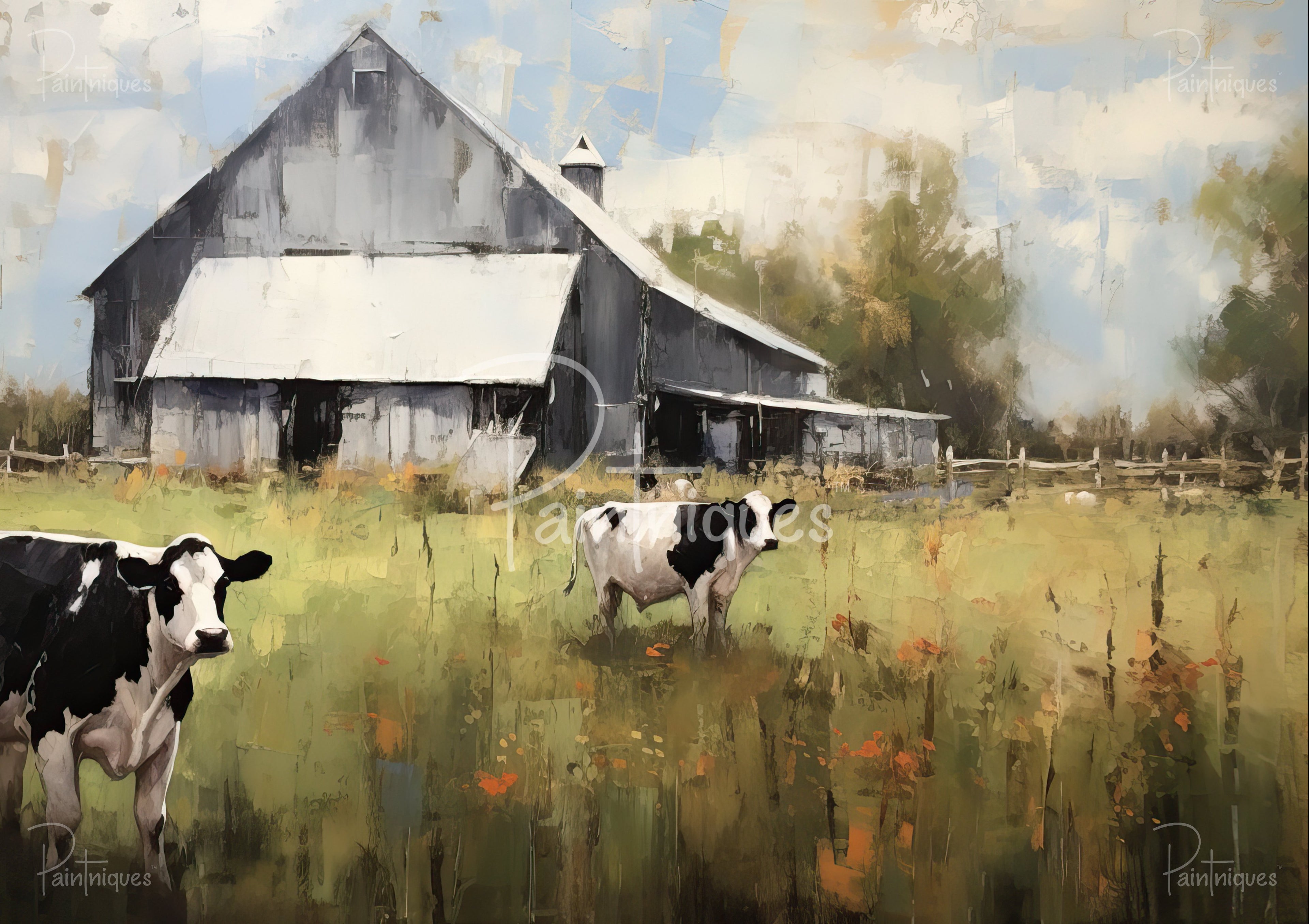 Impressionistic rural scene with a weathered gray barn, two black-and-white cows in a grassy field and a wooden fence.