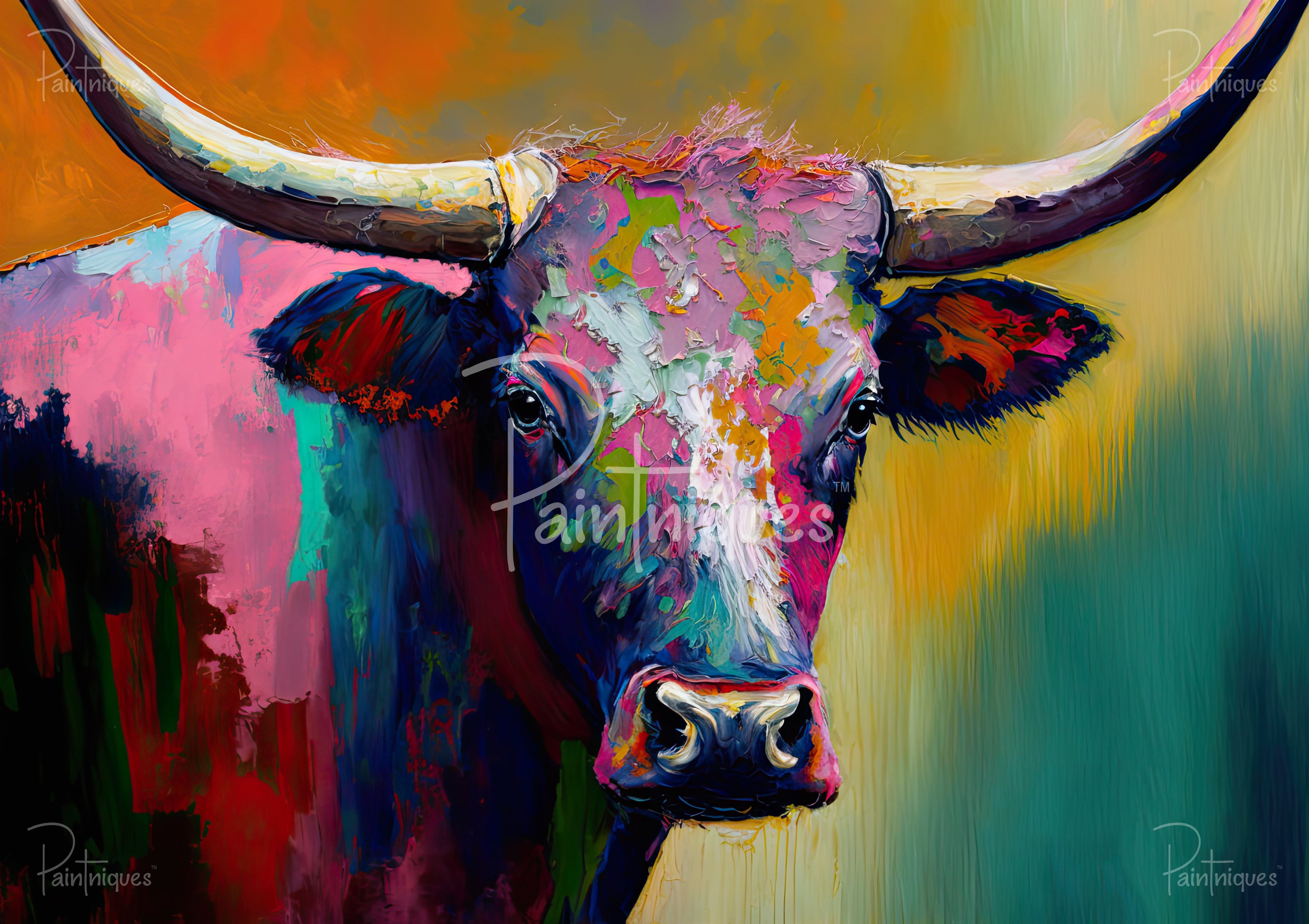 Close-up impasto painting of a longhorn cow head in bright multicolor brushstrokes against a warm-to-cool gradient