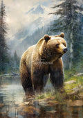 Large brown bear standing in a misty mountain forest beside a reflective stream